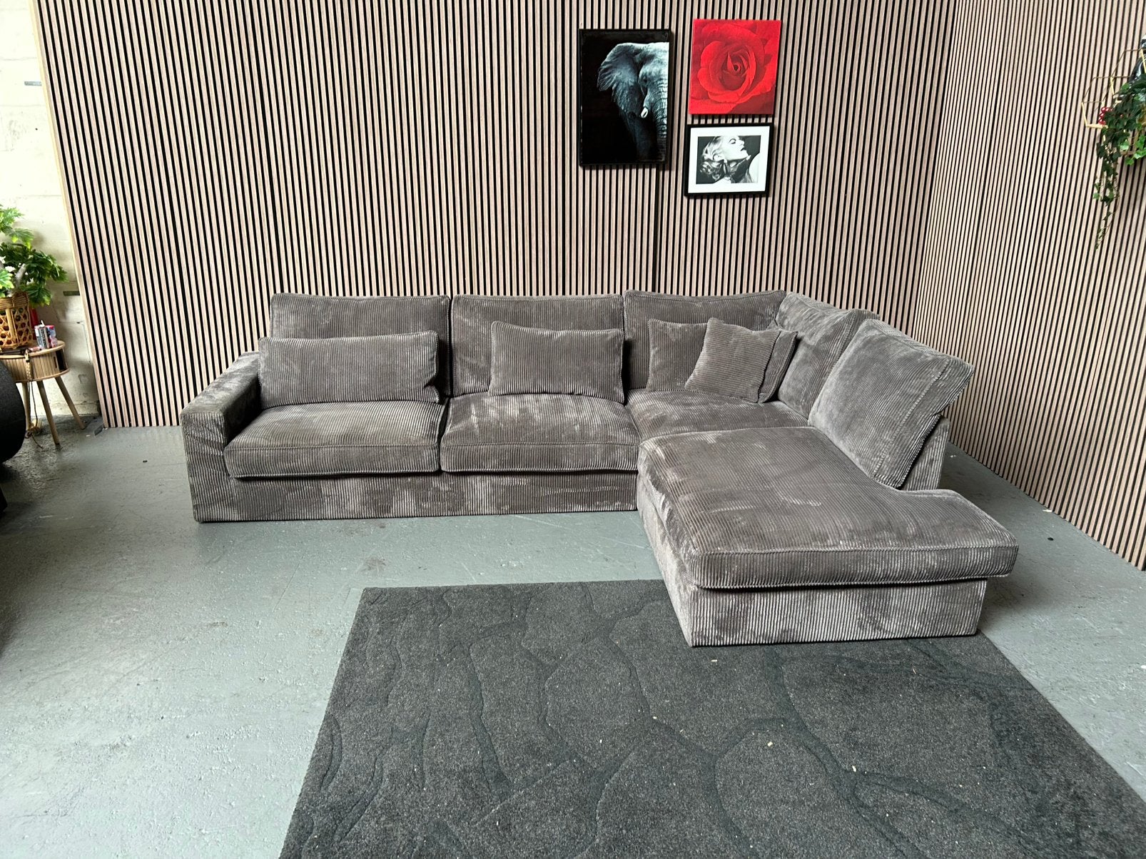 GRATIS LEVERING Ribstof Hoekbank Grijs 315X225 GEREINIGD, Ribstof, Hoekbank, 300 cm of meer, Ophalen of Verzenden