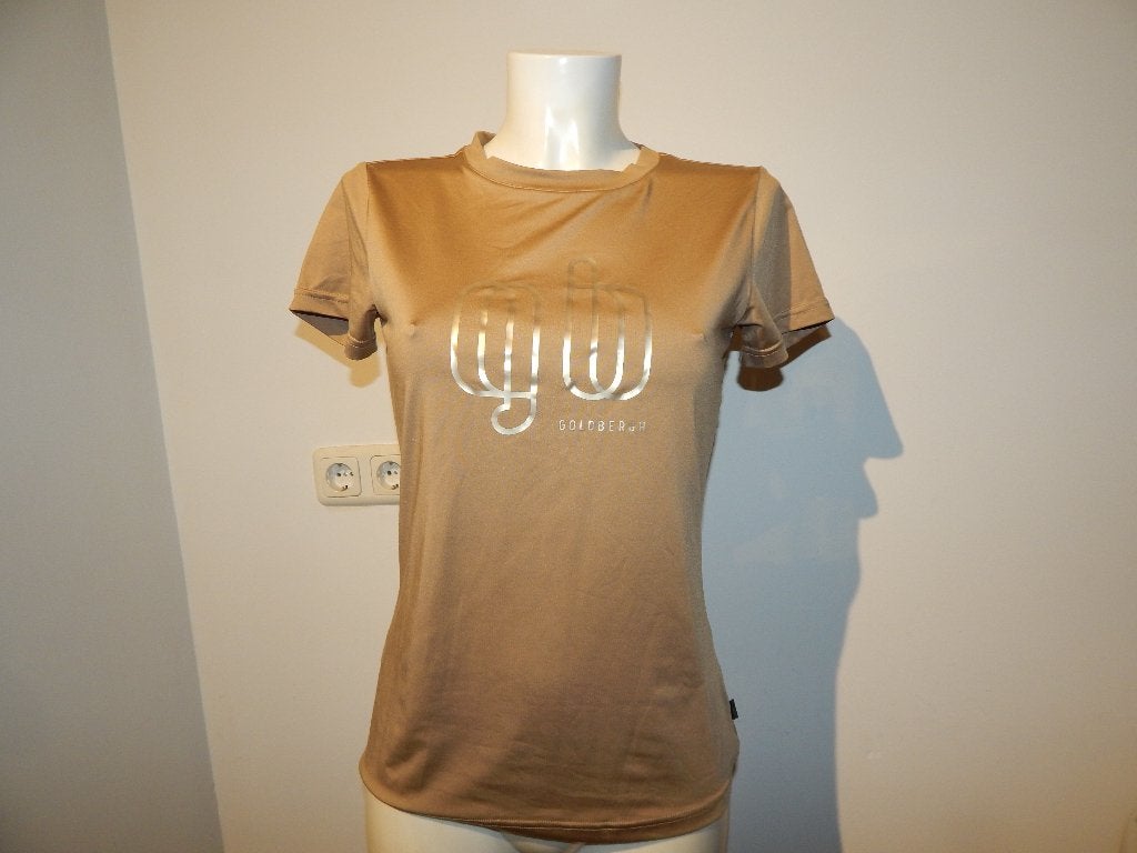Goldbergh stretch shirt gouden look opdruk merk 38, Maat 38/40 (M), Zo goed als nieuw, Korte mouw, Goldbergh