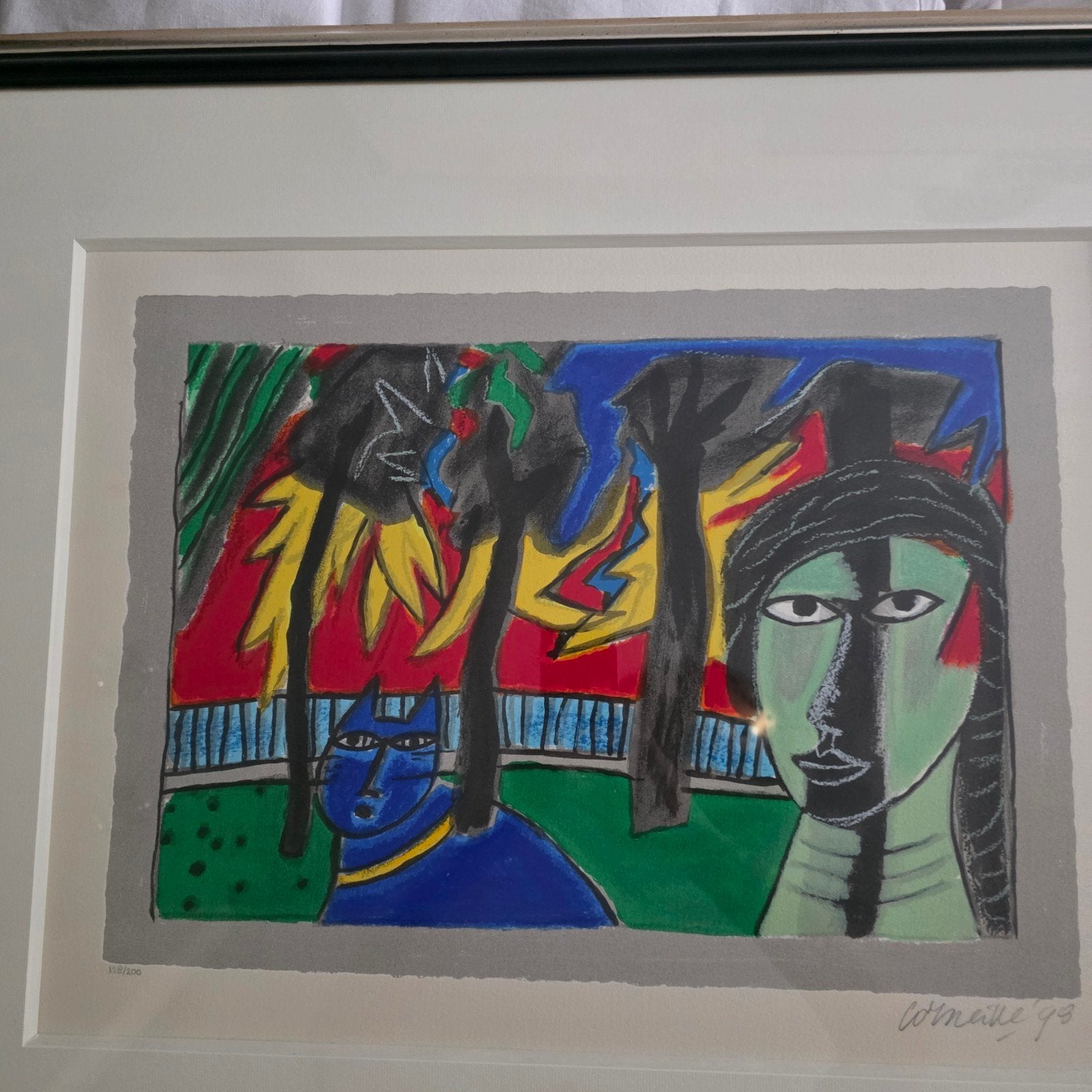 Corneille '98 - Kleurrijke Zeefdruk met Vrouw en Kat, 1950 - 1999, Portret, Zeefdruk, Ingelijst