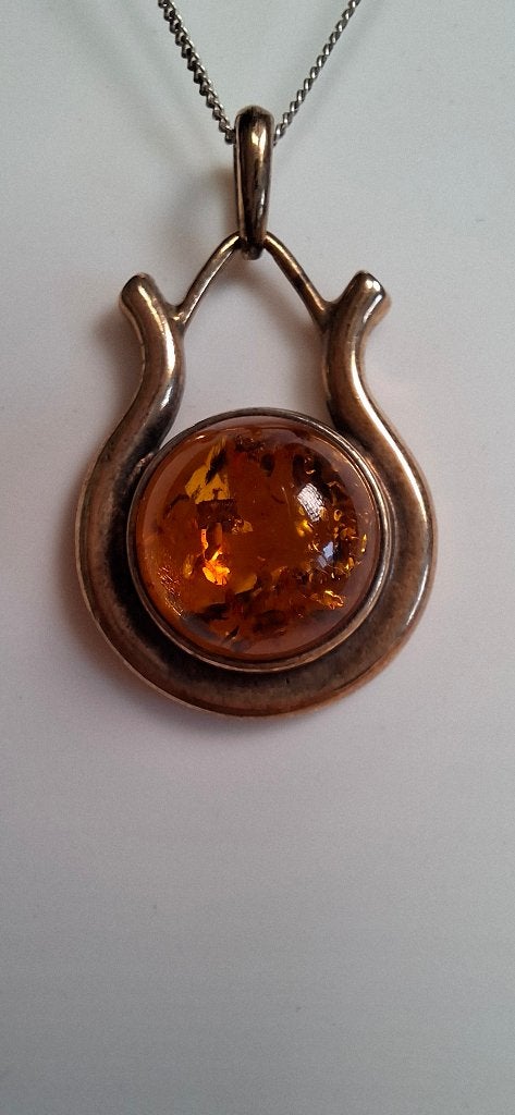 Sterling Zilver Hanger met Barnsteen (925) + Ketting Vintage, Met hanger, Bruin, Onbekend, Ophalen of Verzenden