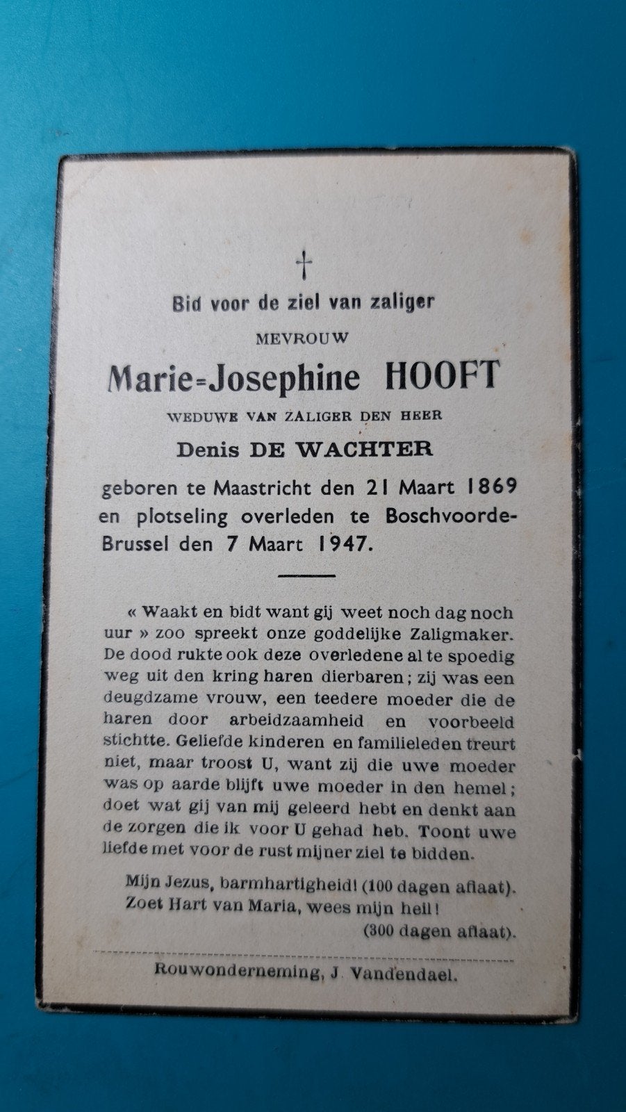 bidprentje Marie Josephine Hooft geb. Maastricht 1869., Verzamelen, Verzenden, Bidprentje