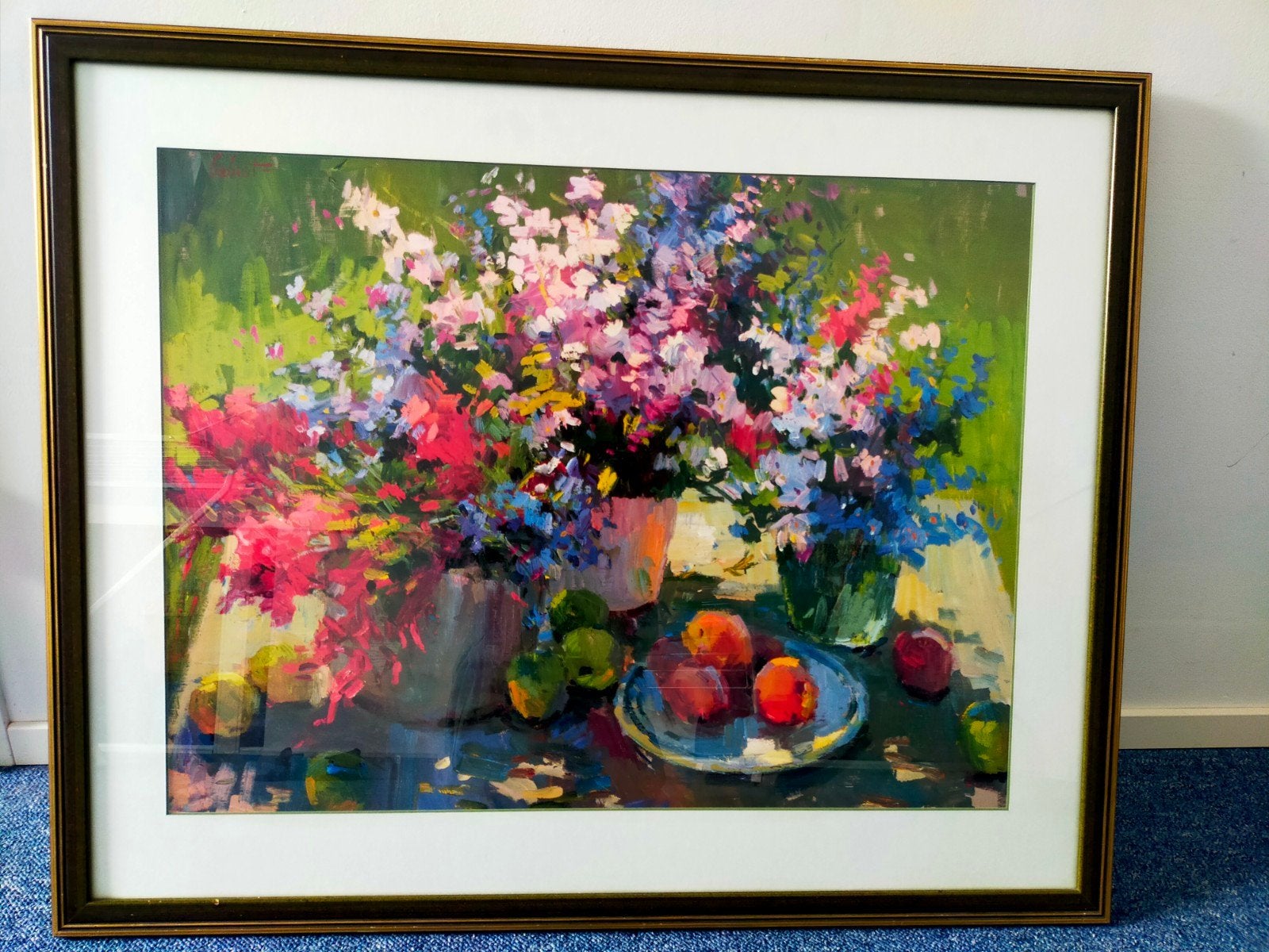 Kleurrijk bloemstilleven met fruit, gesigneerd, Antiek en Kunst, Ophalen, Olieverf, Overige materialen, Bloemen