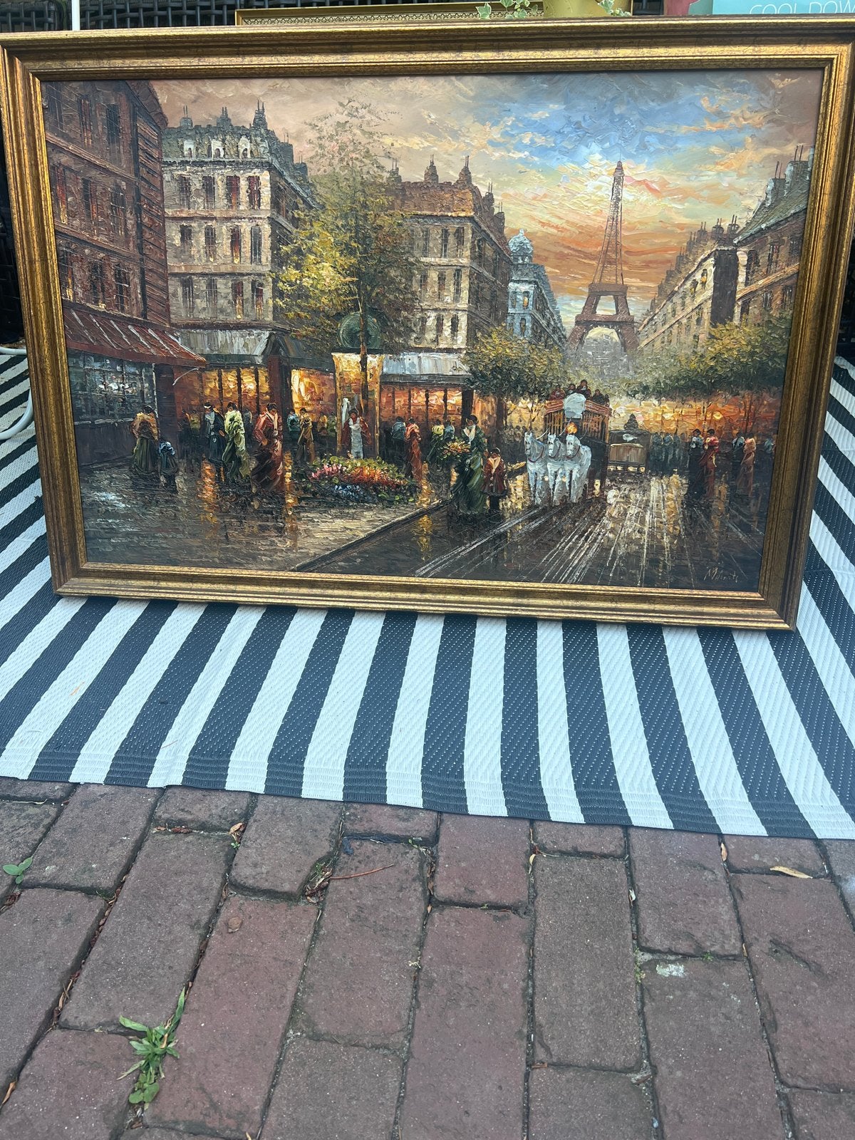 Schilderij Parijs met Eiffeltoren en drukke straat, Ophalen, Doek, Impressionistisch, Gesigneerd