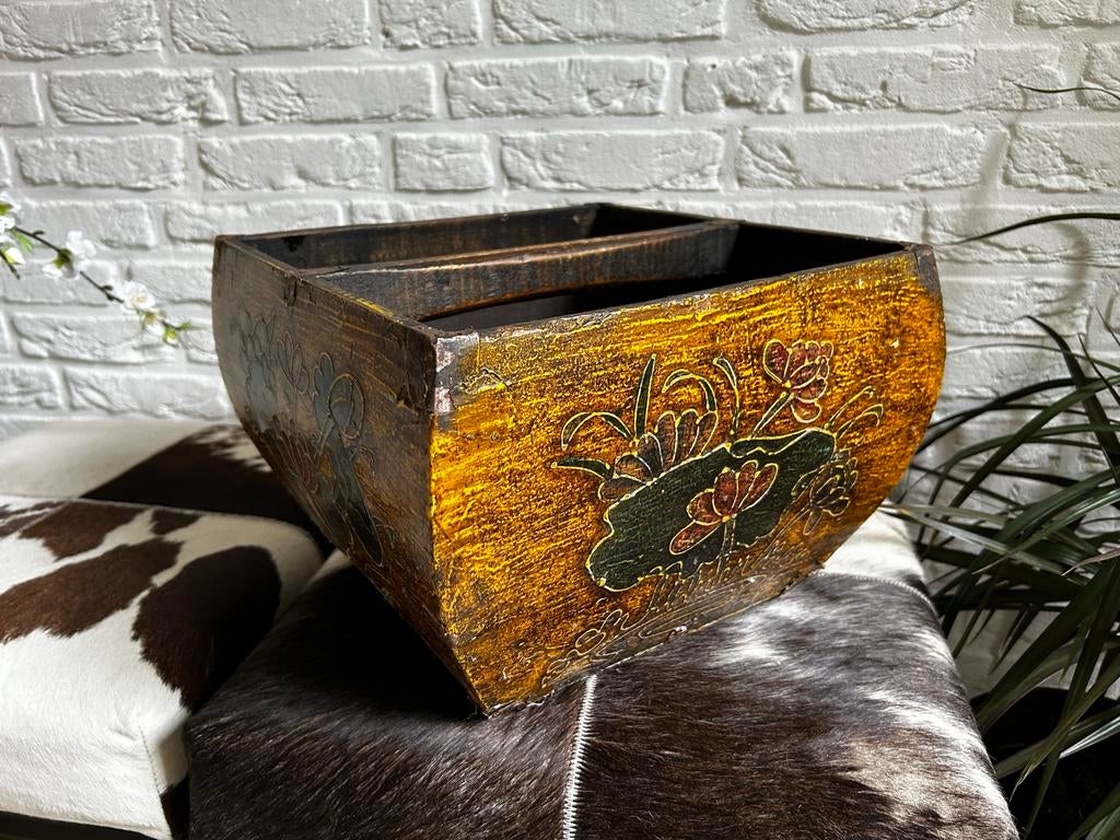Vintage Houten Opbergbak met Oosterse Decoratie, Ophalen of Verzenden