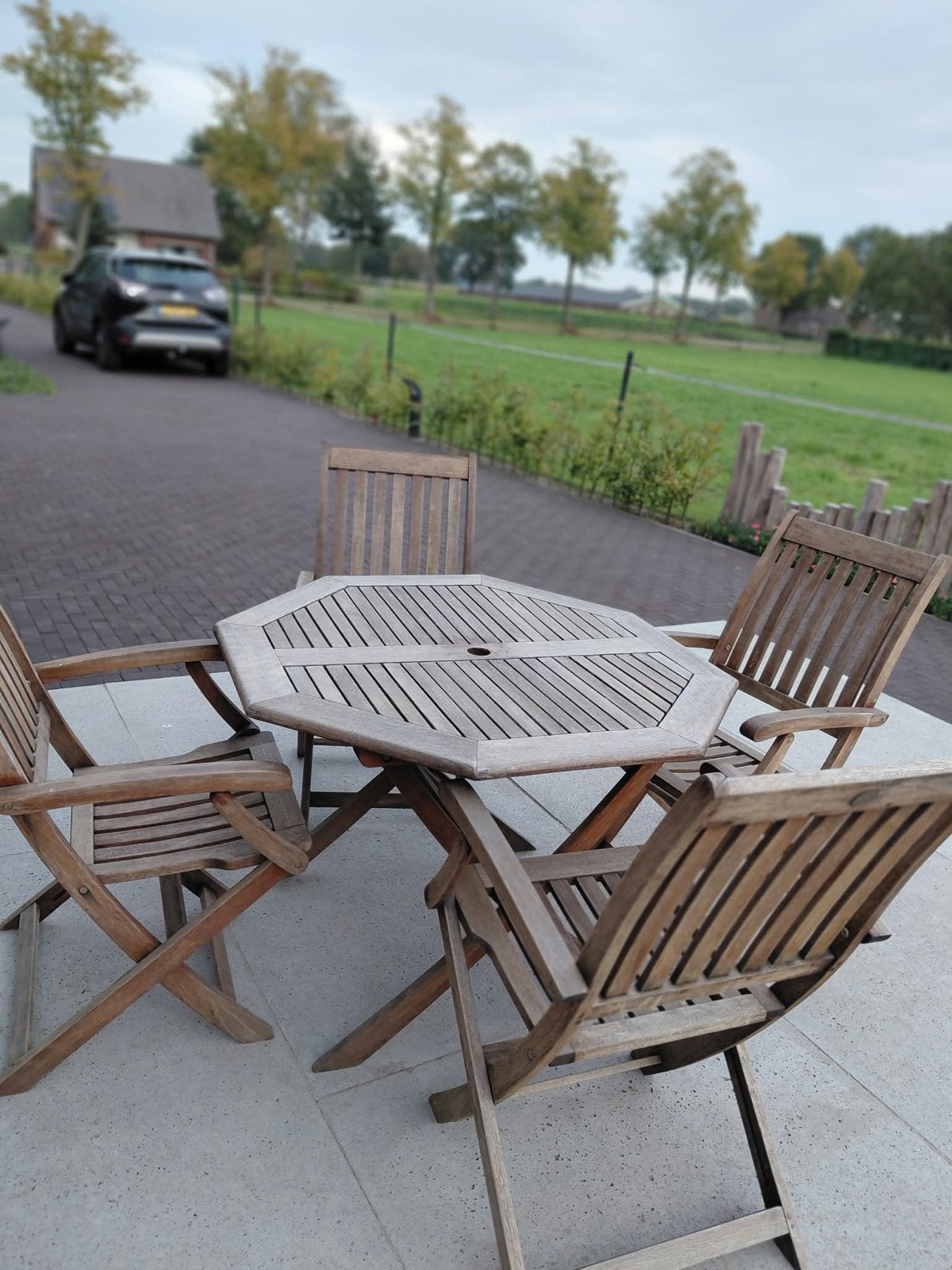Hardhouten 6-hoekige tuinset met inklapbare stoelen, Ophalen, 4 zitplaatsen, Gebruikt, Eettafel