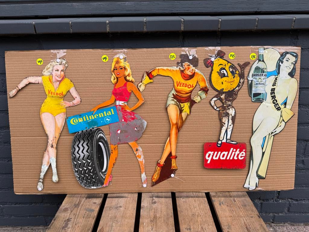 Vintage Reclamebord: Veedol, Continental, Miss Berger, Verzamelen, Merken en Reclamevoorwerpen, Reclamebord, Gebruikt, ., Ophalen of Verzenden