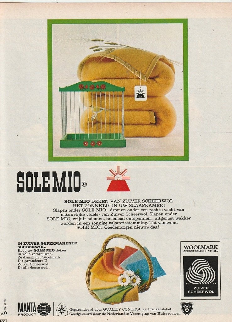 Retro reclame 1969 Scheerwol Sole Mio wollen deken, Verzenden, Overige typen