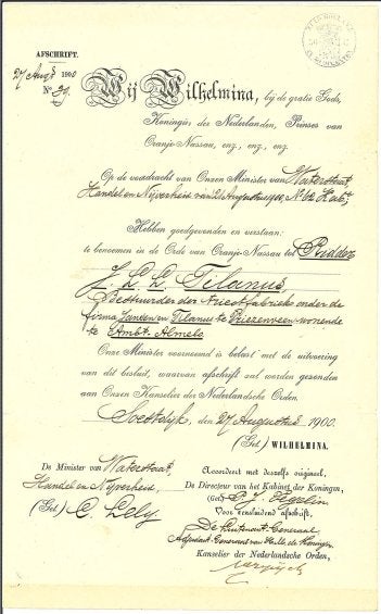J.L.L Tilanus benoeming tot Ridder d.d. 1900, Ophalen of Verzenden, Gebruikt, Nederland, Overige typen