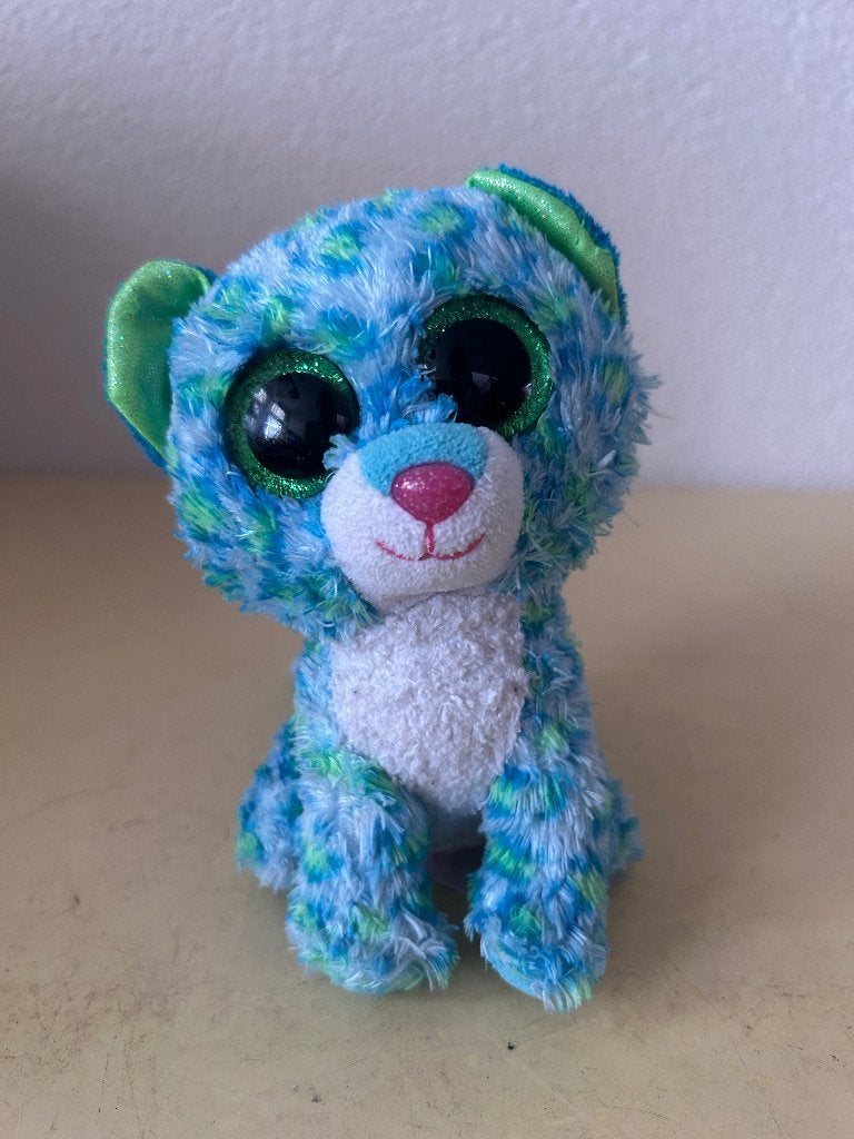 Ty Beanie Boo Leona luipaard blauw – 14 cm pluche knuffel, Gebruikt, Blauw, Ophalen of Verzenden, Kat