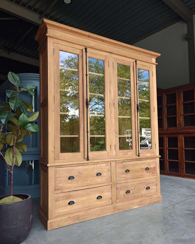 Stoere vitrinekast | Espagnolet | Buffetkast teak #0075, Niet ingevuld, Glas, Met deur(en), 200 cm of meer