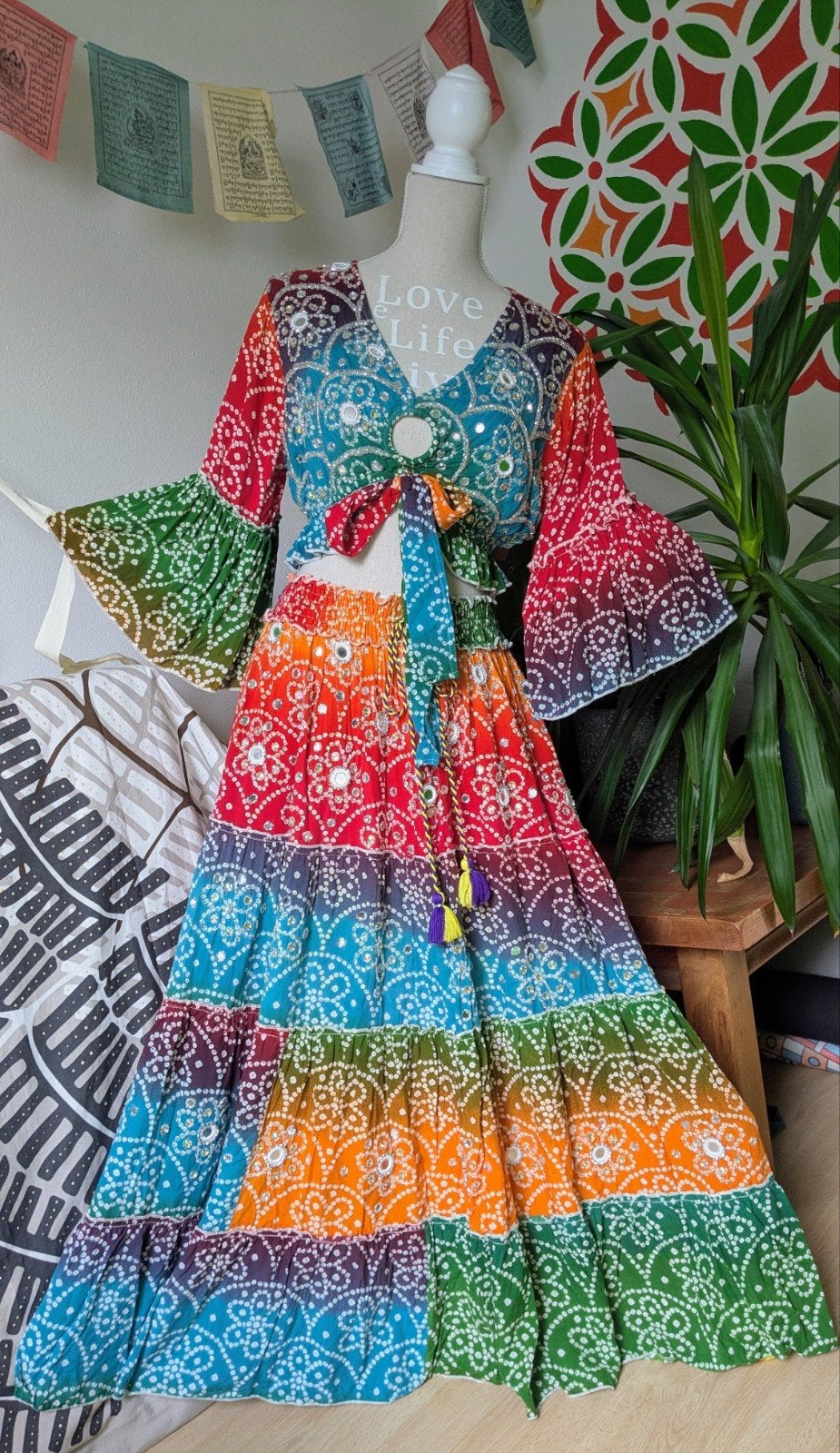 Goa hippie boho Ibiza India set strokenrok rok top regenboog, Verzenden, Zo goed als nieuw, Maat 38/40 (M), Onder de knie
