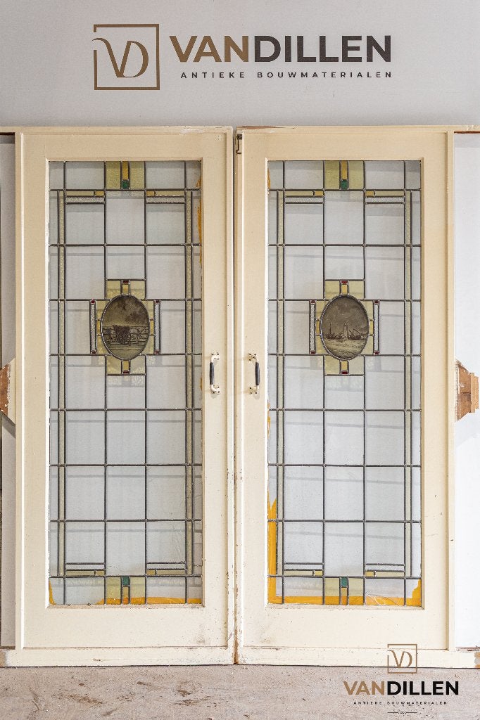 Antieke ensuite schuifdeuren glas in lood gebrandschilderd, 120 cm of meer, Binnendeur, Ophalen of Verzenden, Zo goed als nieuw