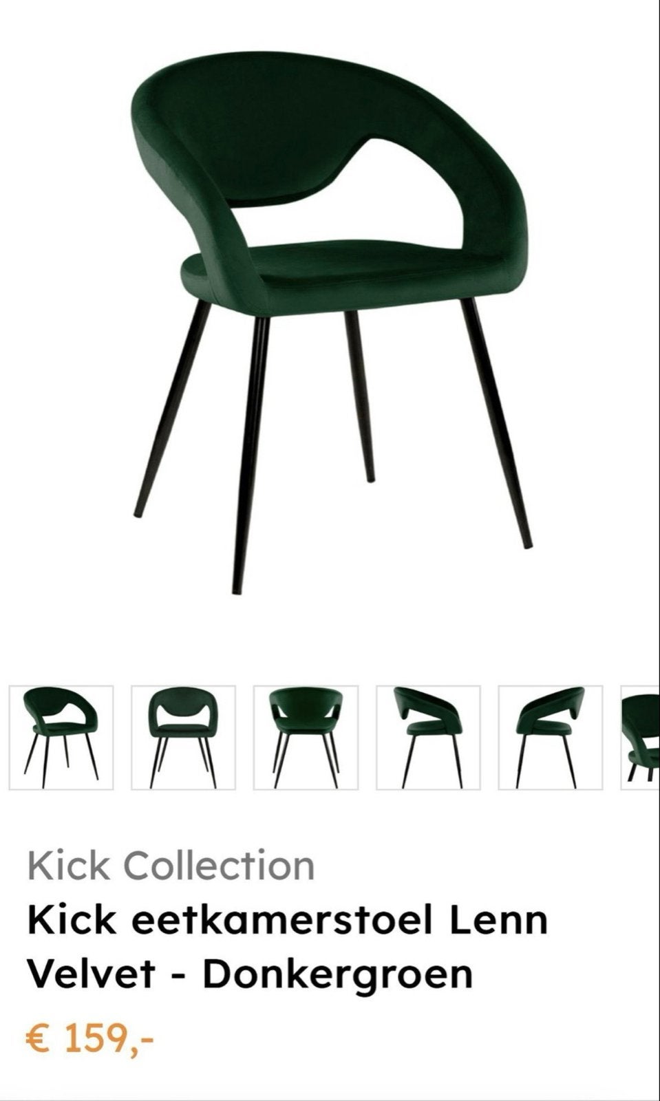 2 Kick Velvet Eetkamerstoelen Lenn - Donkergroen, Ophalen, Twee, Overige kleuren, Zo goed als nieuw