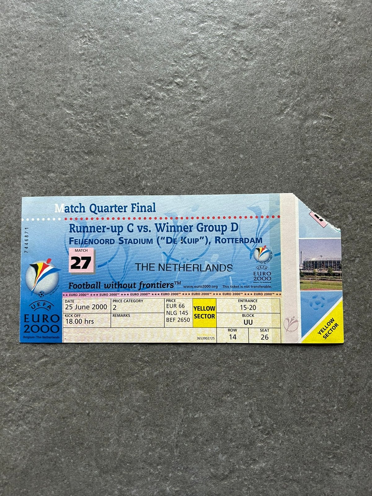 EURO 2000 kwartfinale ticket, Ophalen of Verzenden, Overige binnenlandse clubs, Overige typen