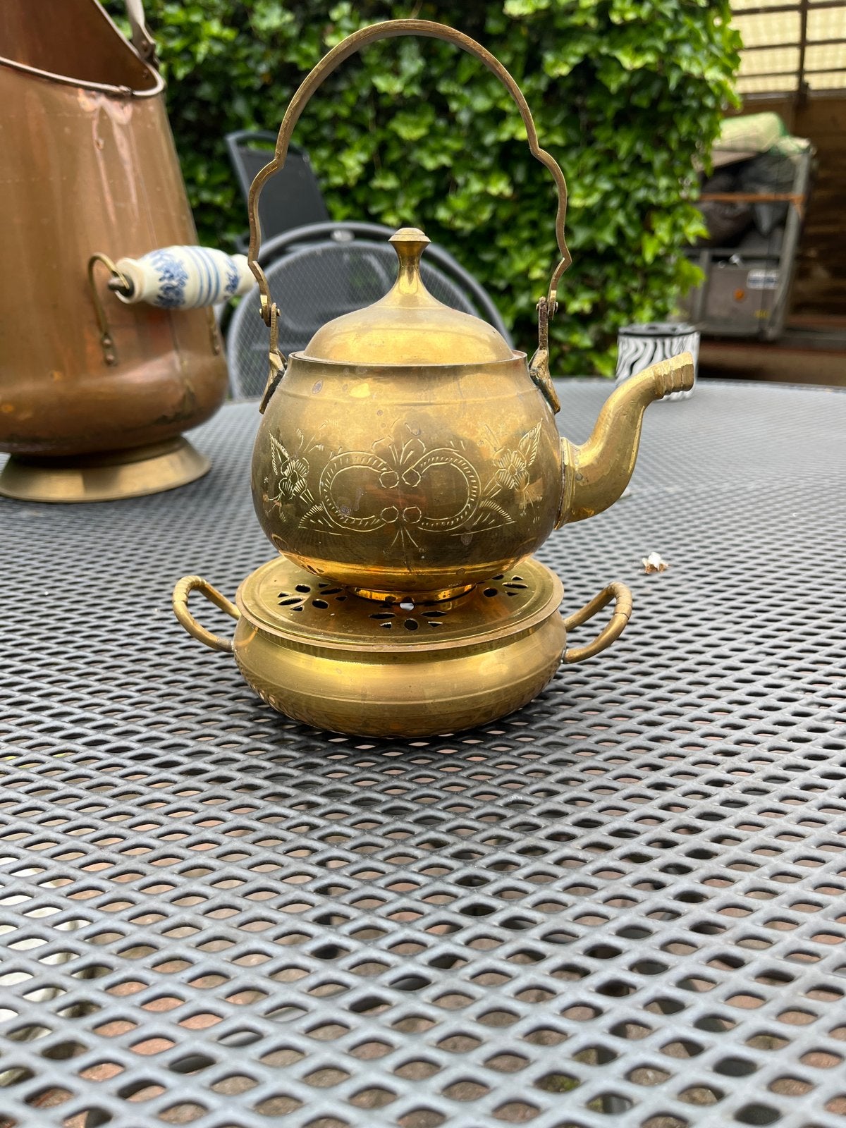 Antieke koperen theepot met rechaud, diameter +/- 15 cm, Ophalen of Verzenden, Koper