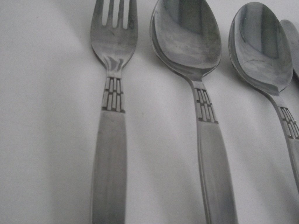 8 RVS zwart streepjes decor bestek Amefa stainless 1960 p st, Ophalen of Verzenden