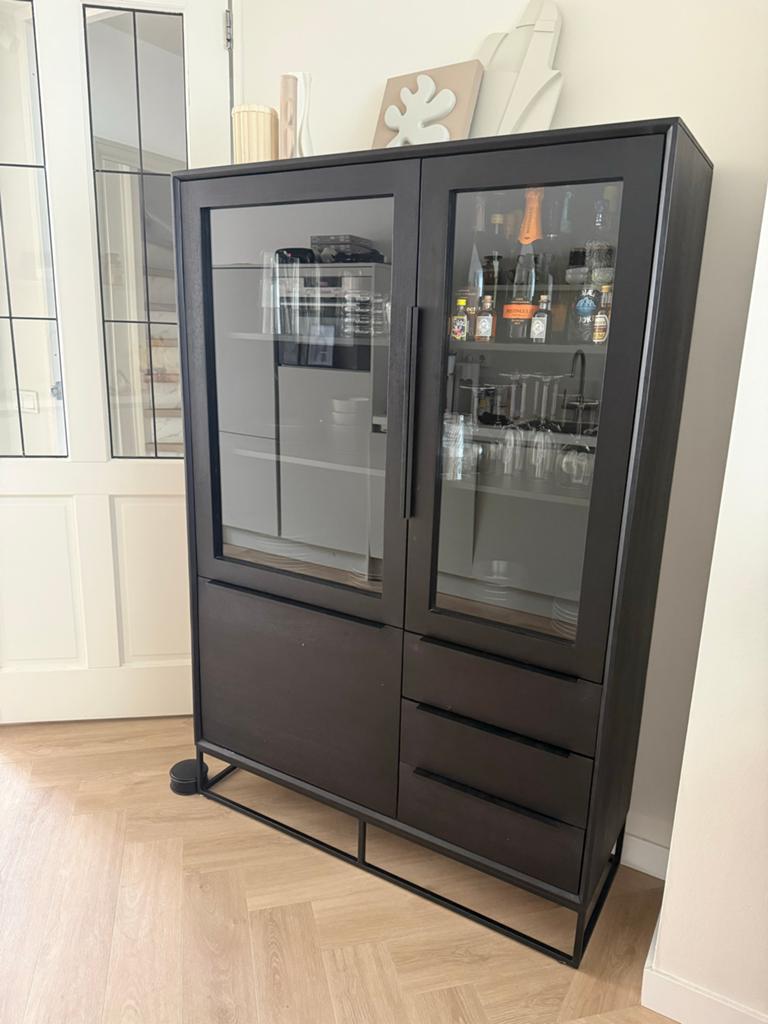Vitrine Buffetkast mangohout, Ophalen, 100 tot 150 cm, Zo goed als nieuw, 150 tot 200 cm