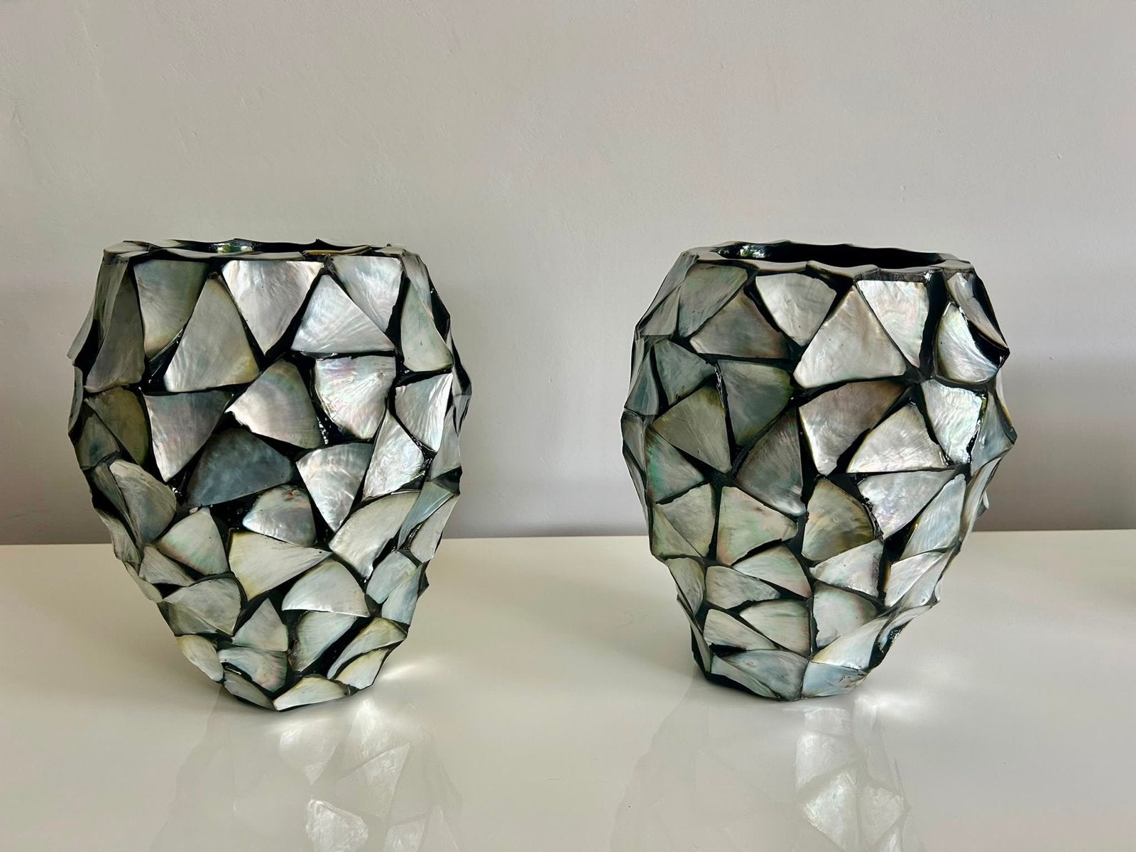 Hoge schelpen vazen zilver/grijs/blauw, Ophalen of Verzenden