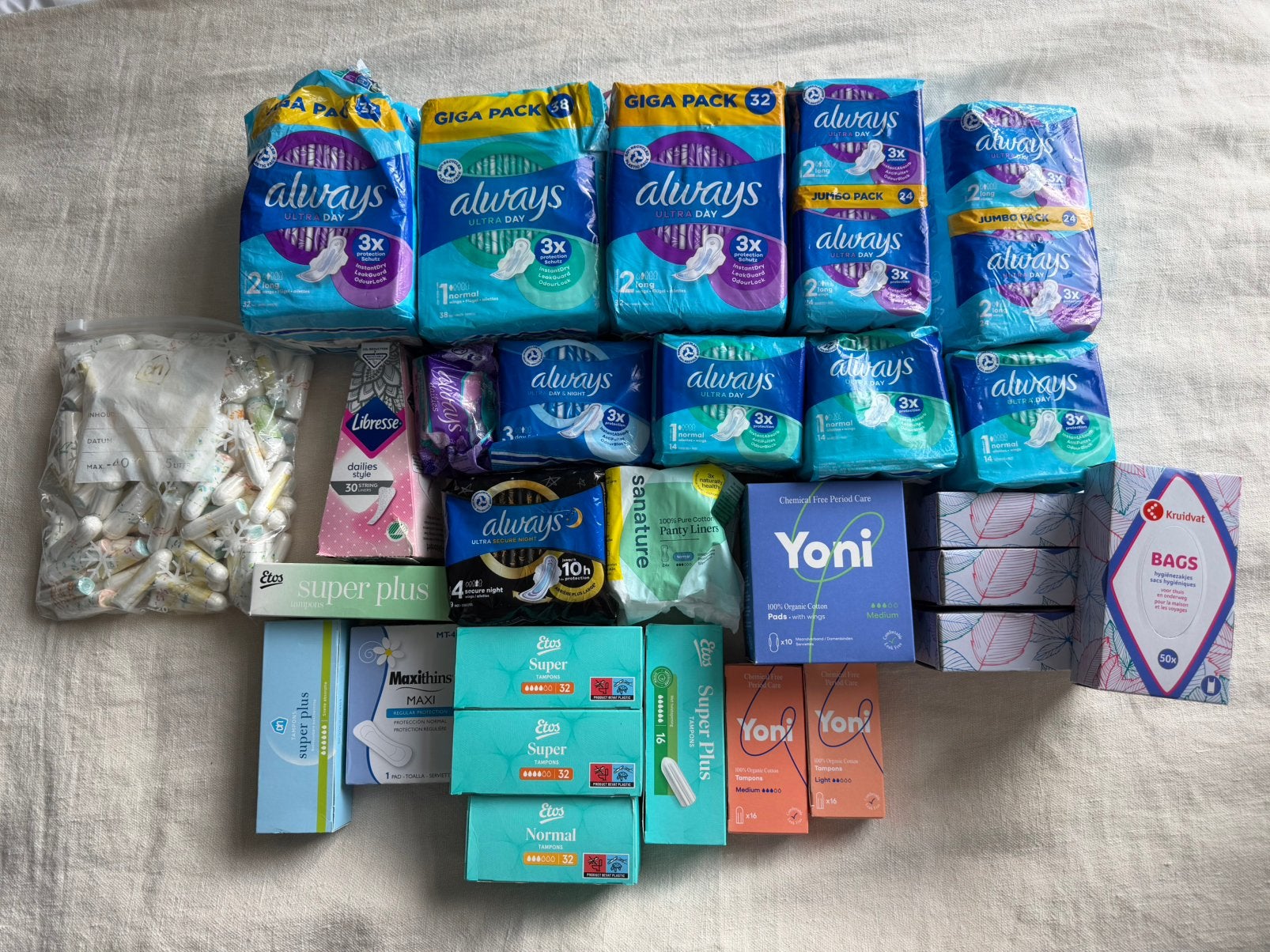 Groot pakket maandverband & tampons – Always, Yoni, Libresse, Ophalen of Verzenden, Nieuw, Overige typen