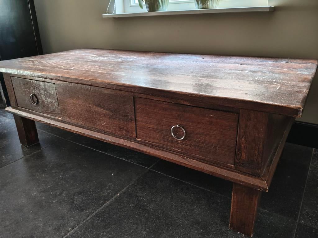 Oud gemaakte donkere salontafel - opknapper, Ophalen, Gebruikt, 100 tot 150 cm, 50 tot 100 cm