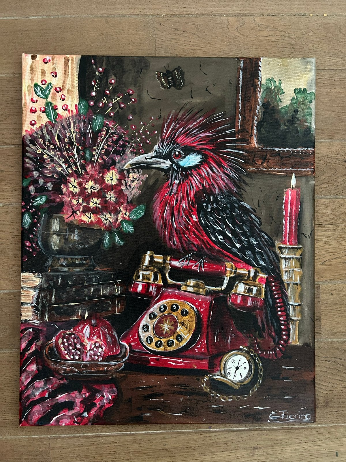 Uniek Acrylschilderij: Levendige Vogel, Bloemen & Fruit, Antiek en Kunst, Acrylverf, Dieren, Textiel, Gelakt/vernis