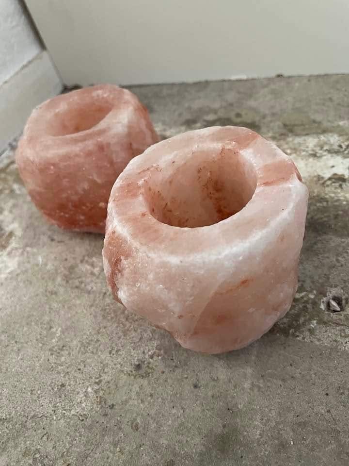 2 Himalaya Zoutsteen waxinelichthouders, Natuurlijk materiaal, Waxinelichthouder, Nieuw, Oranje