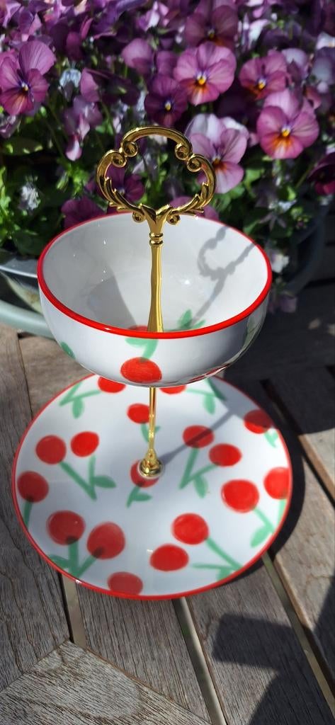 Handgemaakte etagere met kersenprint 2 laags €20,00, Ophalen of Verzenden, Zo goed als nieuw