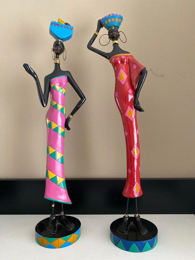 Decoratieve Afrikaanse Beelden - Vrouwen met Manden, Ophalen of Verzenden, Handgemaakt, 20 - 50 cm, Beeld