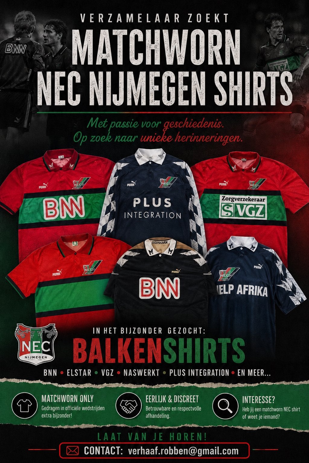 Verzamelaar zoekt: Matchworn NEC shirts (balkenshirts), Ophalen, Gebruikt, Overige binnenlandse clubs, Shirt