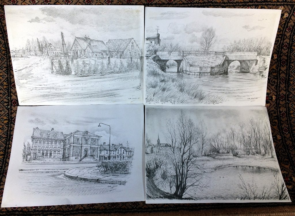 4 tekeningen CHR SCHUT MF Aangeboden door Bondsspaarbank, Antiek en Kunst, Kunst | Tekeningen en Foto's, Ophalen of Verzenden