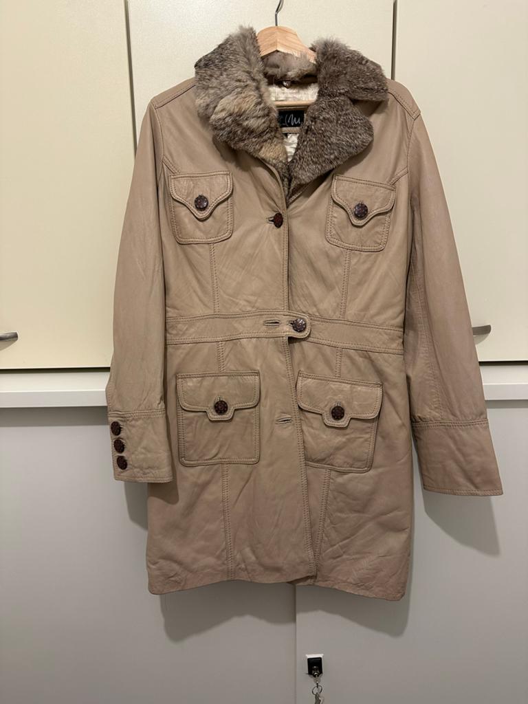 Leren jas met bontkraag van Maze, maat XL, Ophalen of Verzenden, Zo goed als nieuw, Maat 42/44 (L), Beige