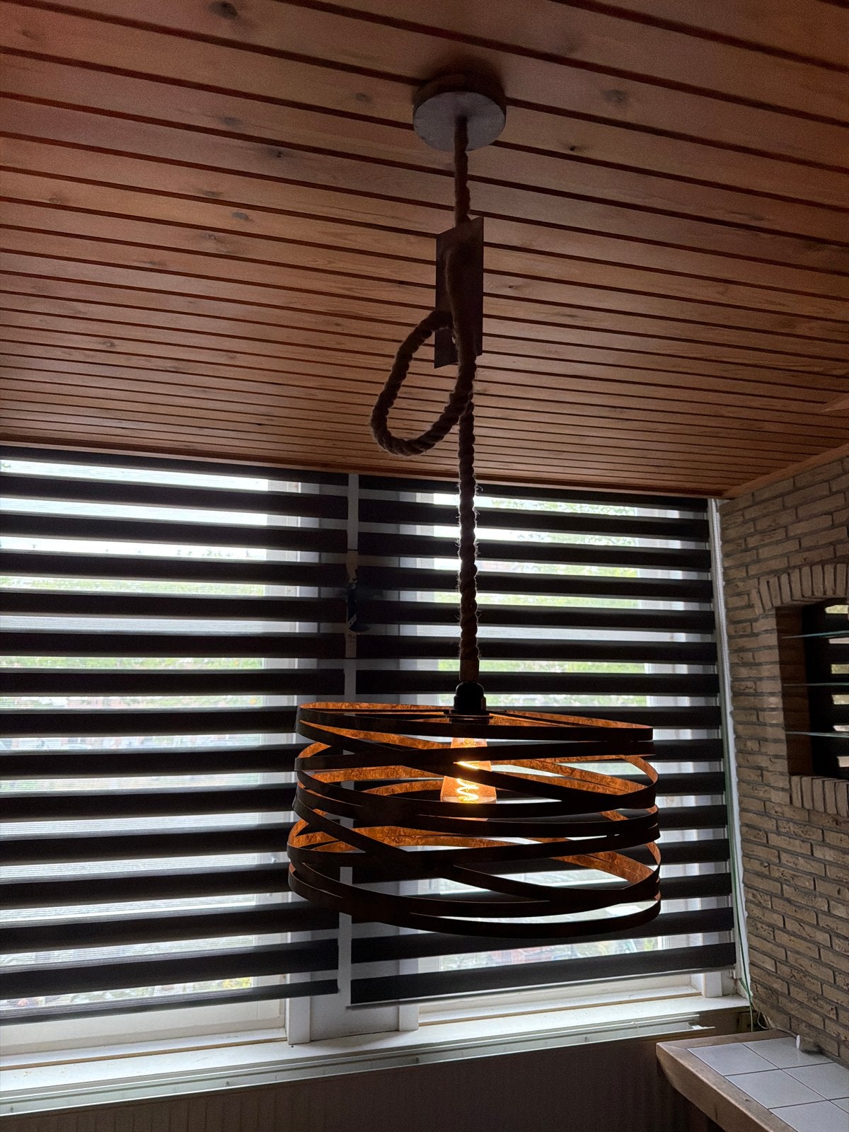 Unieke hanglamp met touw en spiraalvormige kap, Ophalen, Gebruikt, Natuurlijk materiaal, E27 (groot)