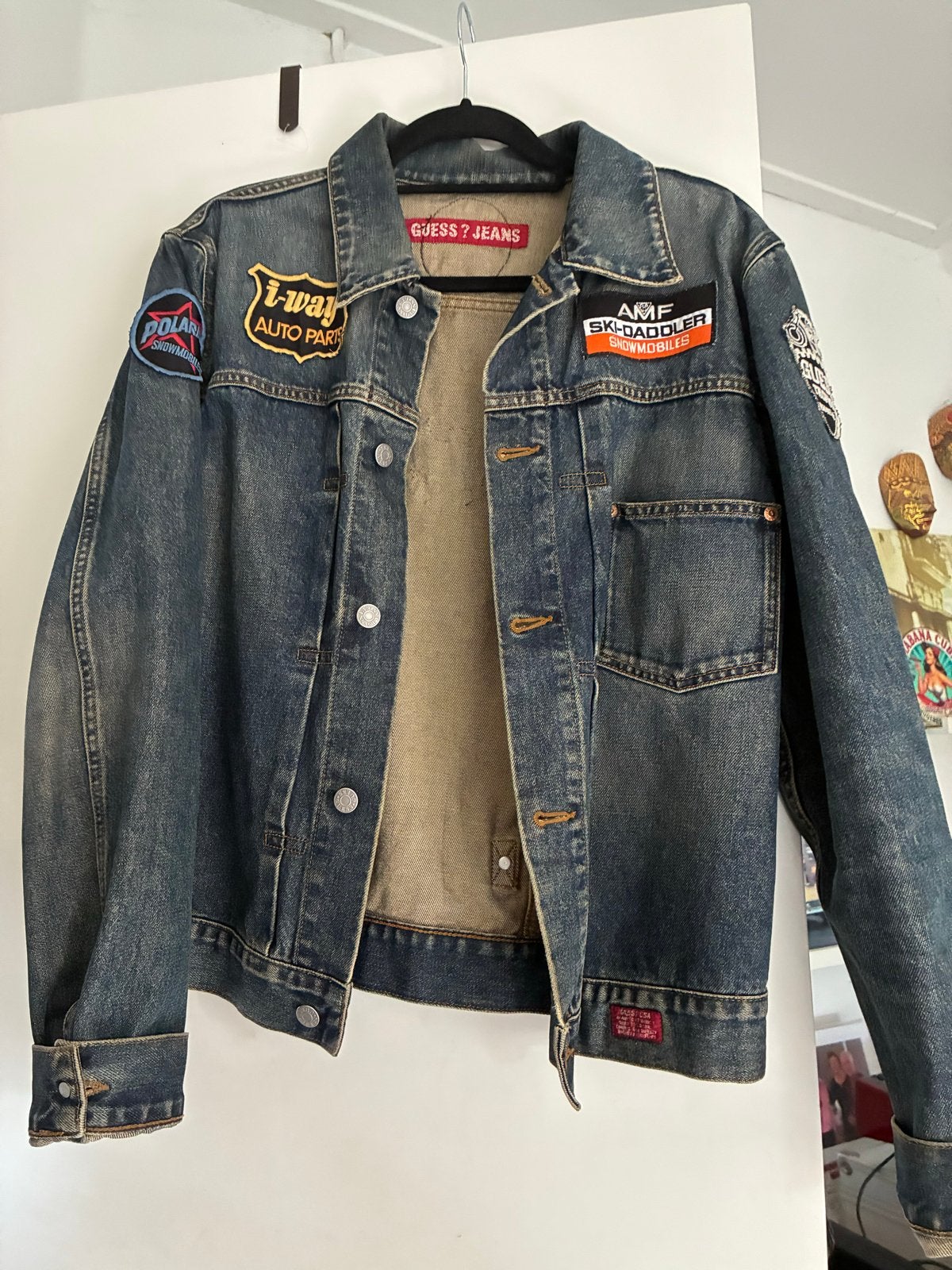 Vintage Guess Jeans spijkerjack met patches, Ophalen of Verzenden, Gedragen, Overige maten, Blauw