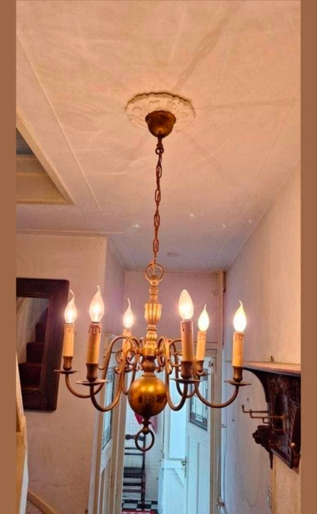 Antieke Messing Kroonluchter met 6 Lichtpunten, Ophalen, Gebruikt, Metaal, Klassiek, Antiek