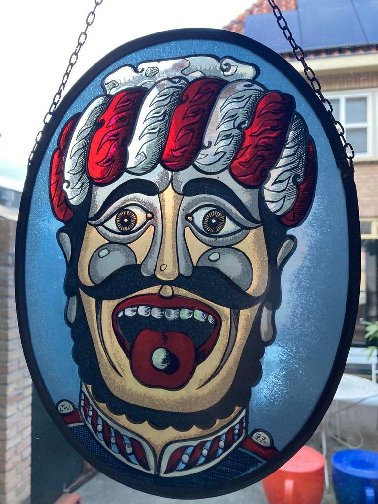 Gaper Fraai Glas in Lood Raamhanger Gesigneerd 77 en JW, Antiek en Kunst, Verzenden