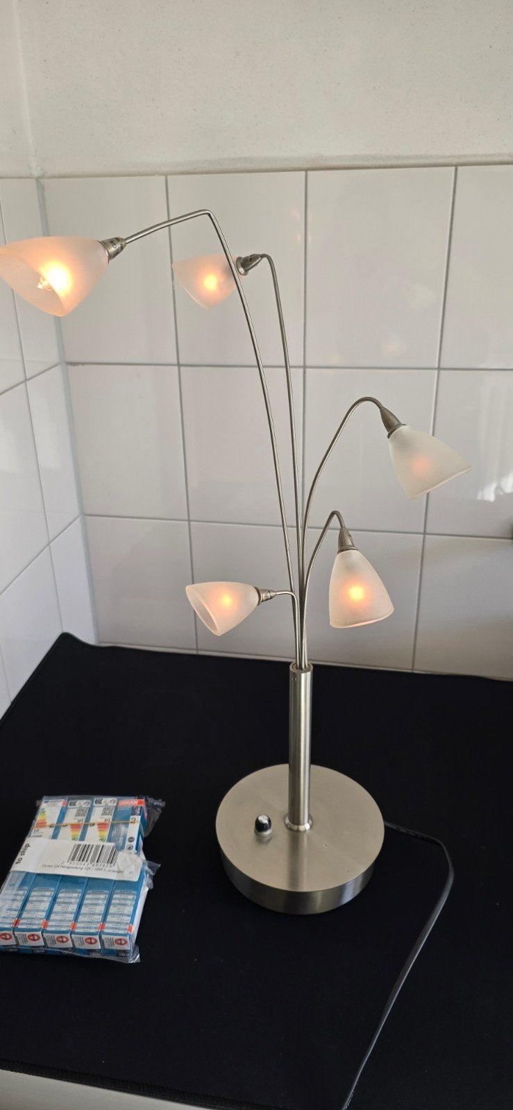 Moderne tafellamp 5 lichtpunten en dimmer + reservelampje, Ophalen, Gebruikt, Dimbaar, Sfeerlamp