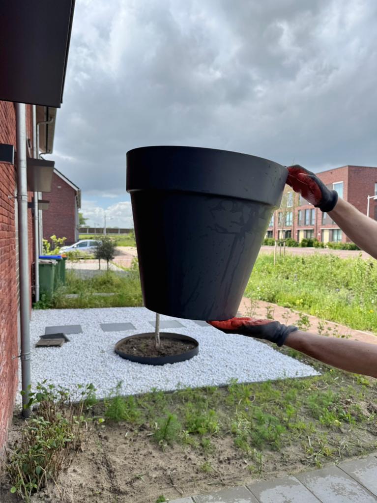 Grijze bloempot op wieltjes, 48 cm doorsnee, voor buiten, Tuin en Terras, Bloembakken en Plantenbakken, Ophalen, Gebruikt, Rond