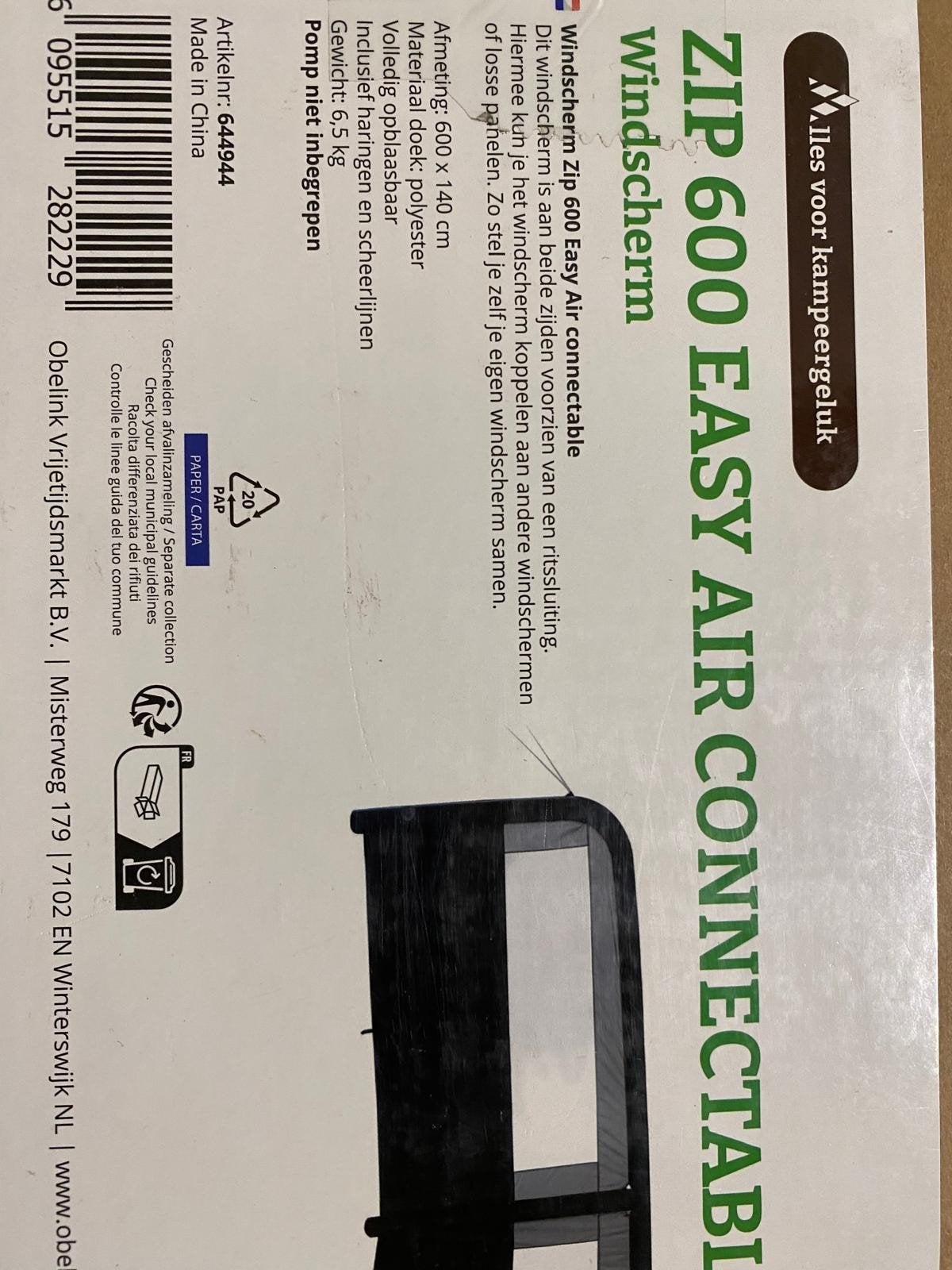 Obelink ZIP 600 Easy Air Connectable Windscherm, Ophalen of Verzenden