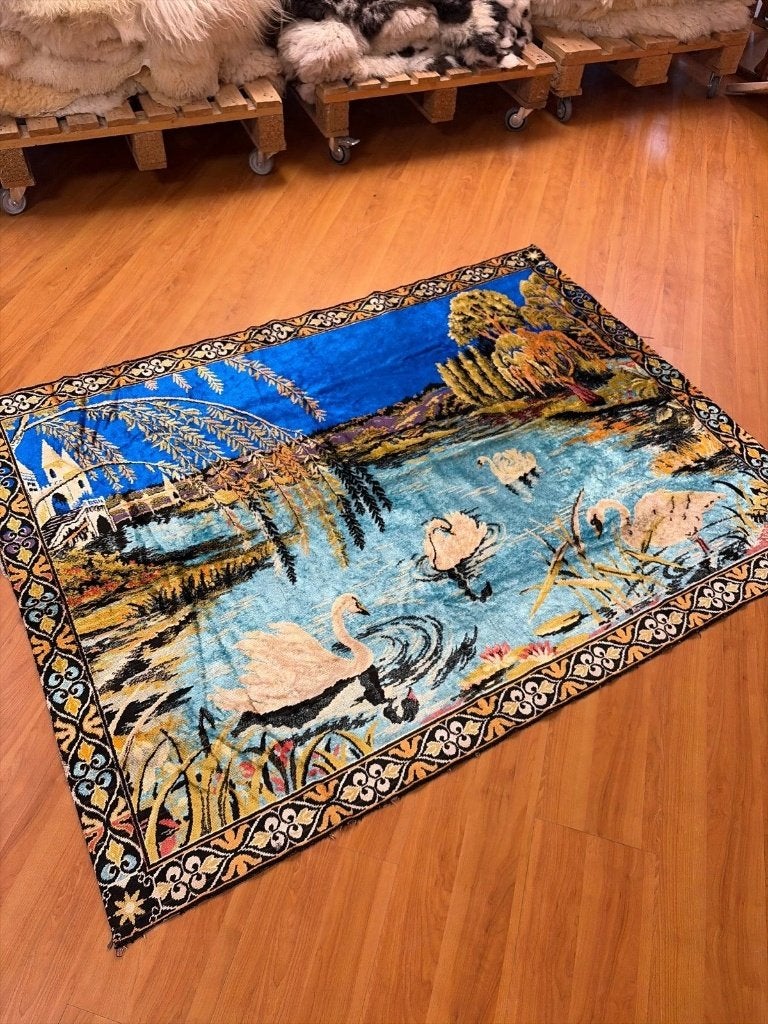 Vintage velvet wandkleed zwanen in meertje 160/119 cm