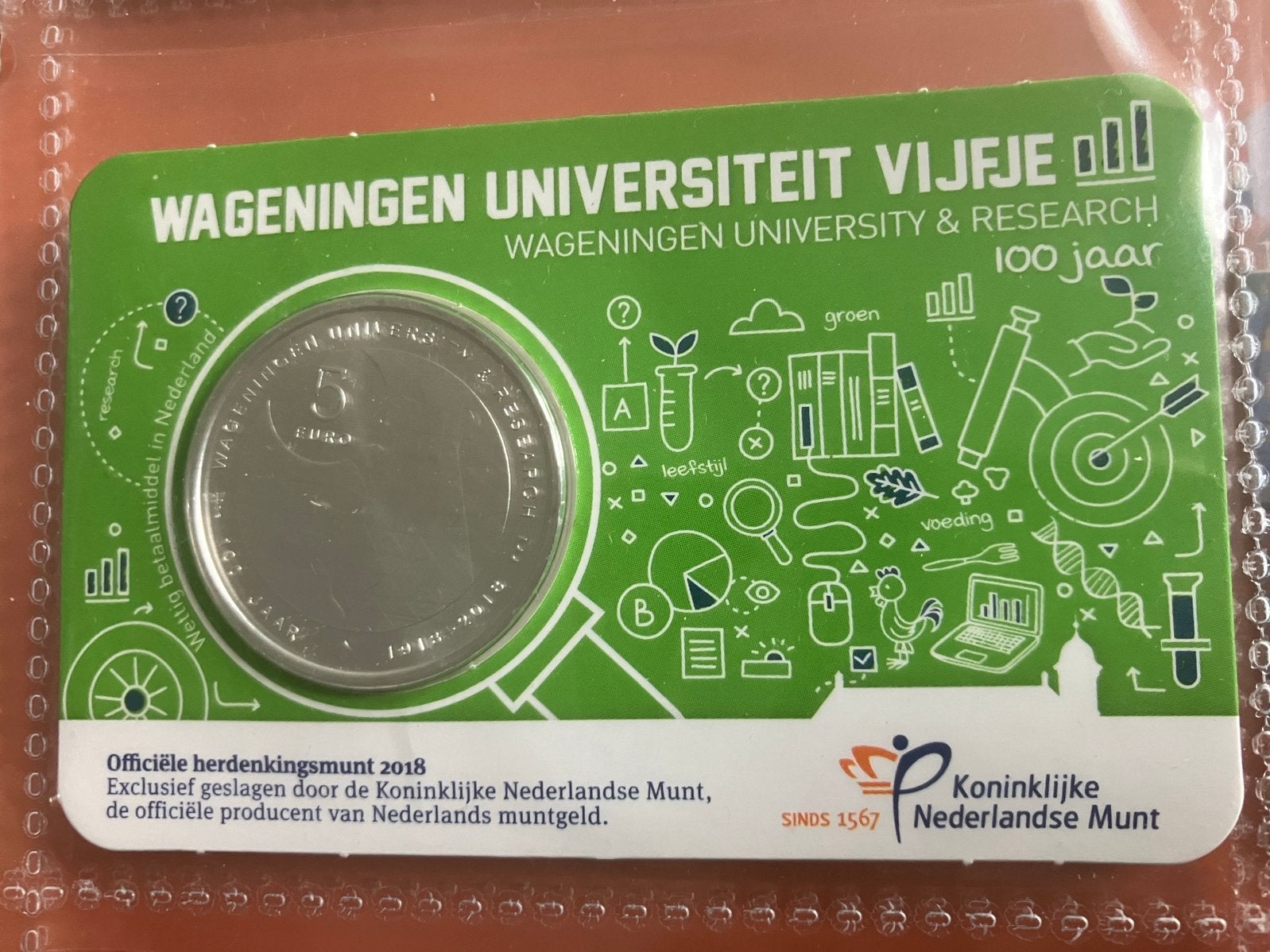 Coincard Wageningen Universiteit Vijfje (UNC), Verzenden, Koningin Beatrix, Euro's, Losse munt