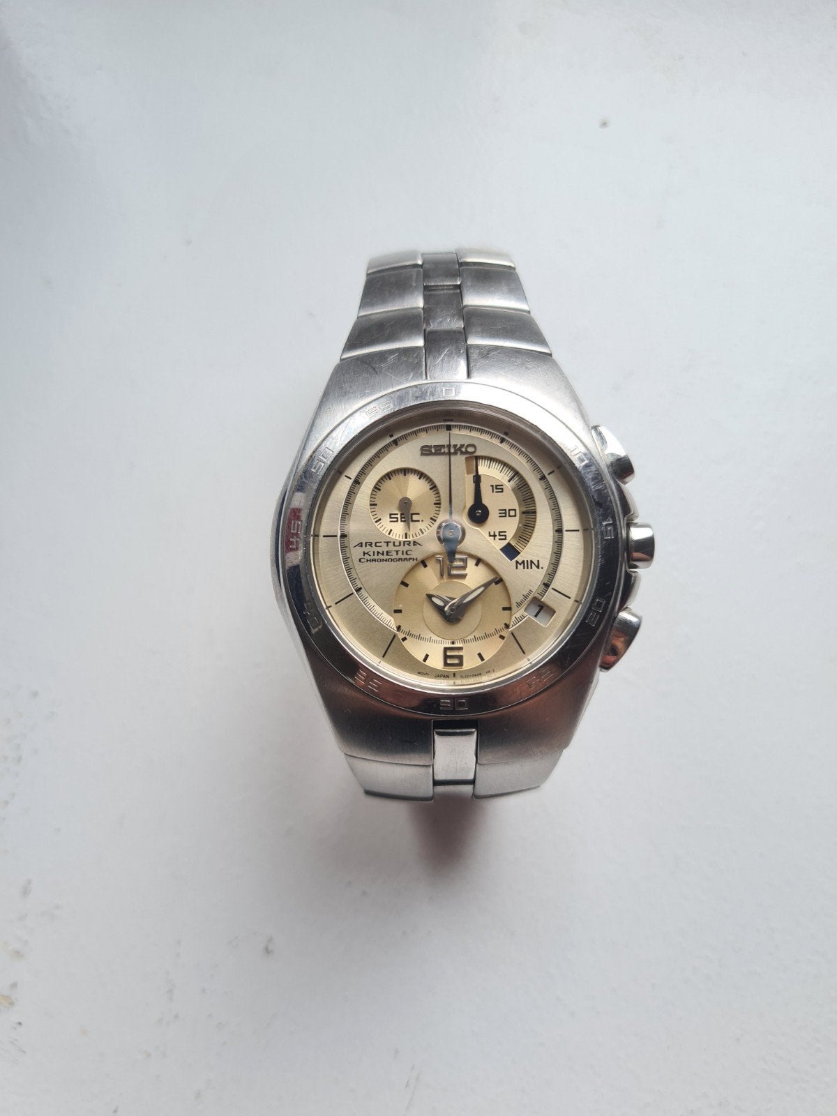 Vintage Seiko Arctura Kinetic met glasbodem, Sieraden, Tassen en Uiterlijk, Horloges | Heren, Gebruikt, Staal, Polshorloge, Ophalen of Verzenden