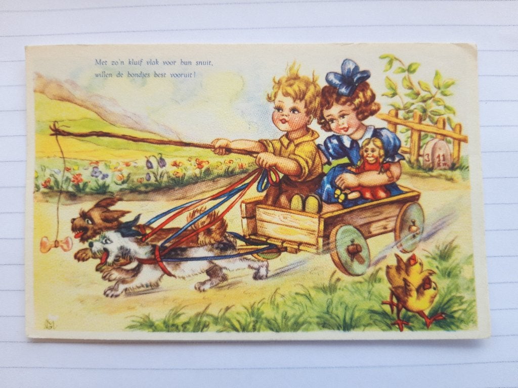 oud-Hollandse ansichtkaart "Hondenkar " jaren 50/60 VINTAGE, Ophalen of Verzenden, 1940 tot 1960, Ongelopen, Voertuig