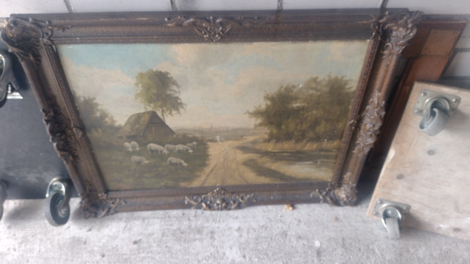 Oud schilderij met landschap en schapen, gesigneerd, Doek, Ophalen of Verzenden, Landschap, Olieverf