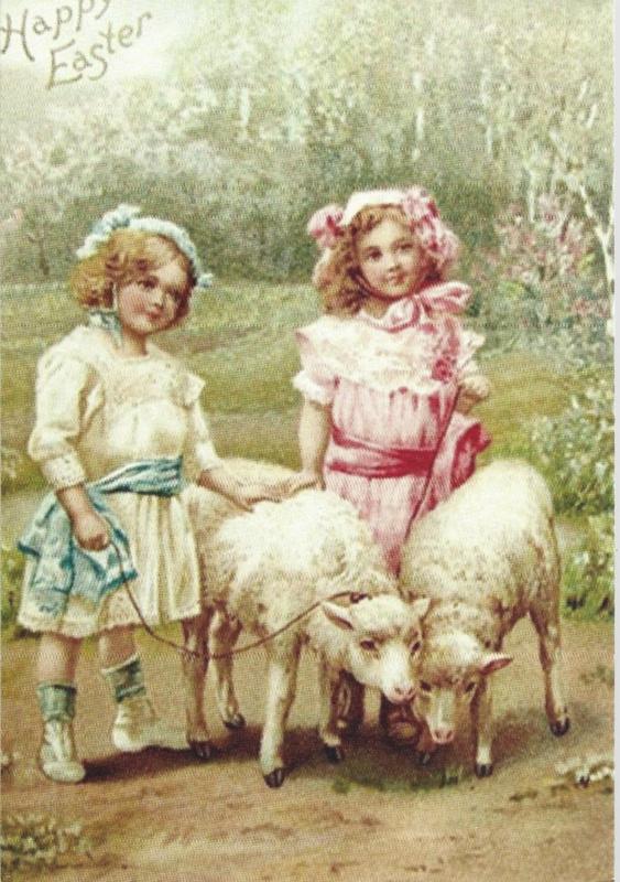Pasen prentbriefkaart: Meisjes met Lammetjes {64}, Verzenden, 1980 tot heden, Ongelopen, Feest(dag)