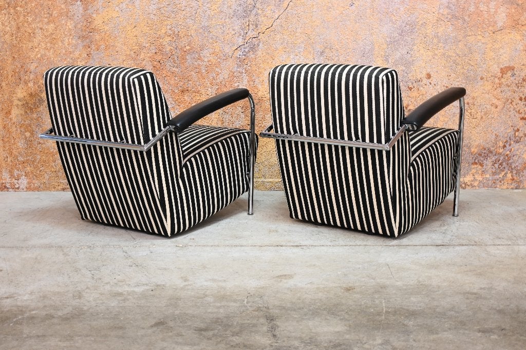 ZGANieuw 2 gestreepte stoffen Leolux Scylla design fauteuils, Leolux, Leolux, 75 tot 100 cm, Ophalen of Verzenden