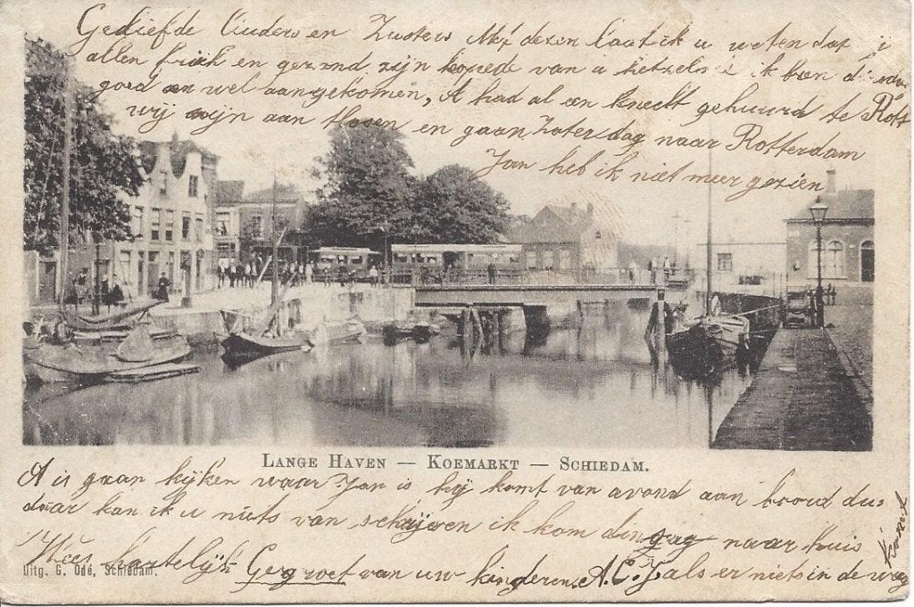 Schiedam, Lange Haven - Koemarkt, Tram, Volk, gelopen 1903, Ophalen of Verzenden, Voor 1920, Gelopen, Zuid-Holland