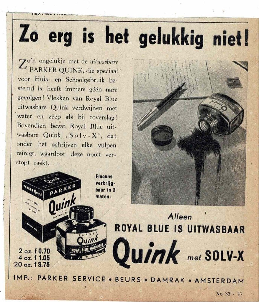 Zo erg is het gelukkig niet ! QUINK INKT IS UITWASBAAR 1950, Verzenden, Zo goed als nieuw, Overige typen