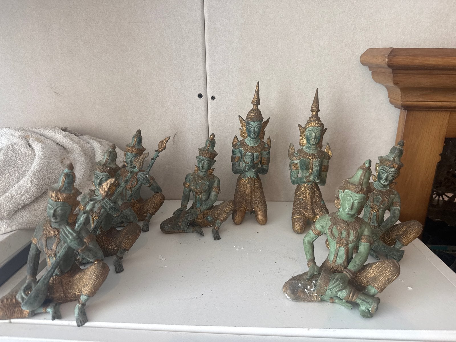 Set van 8 Thaise bronzen beelden - Vintage tempelwachter, Groep mensen, Ophalen of Verzenden, 20 - 50 cm, Beeld