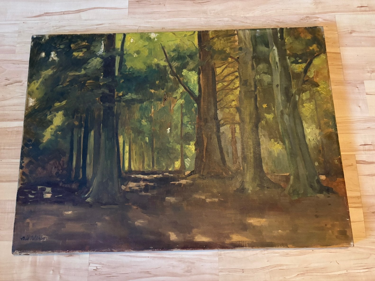 Arie Veldhoen sr. (1907–1955) Schilderij - Bos- gesigneerd, Doek, Realistisch, Ophalen of Verzenden, Landschap