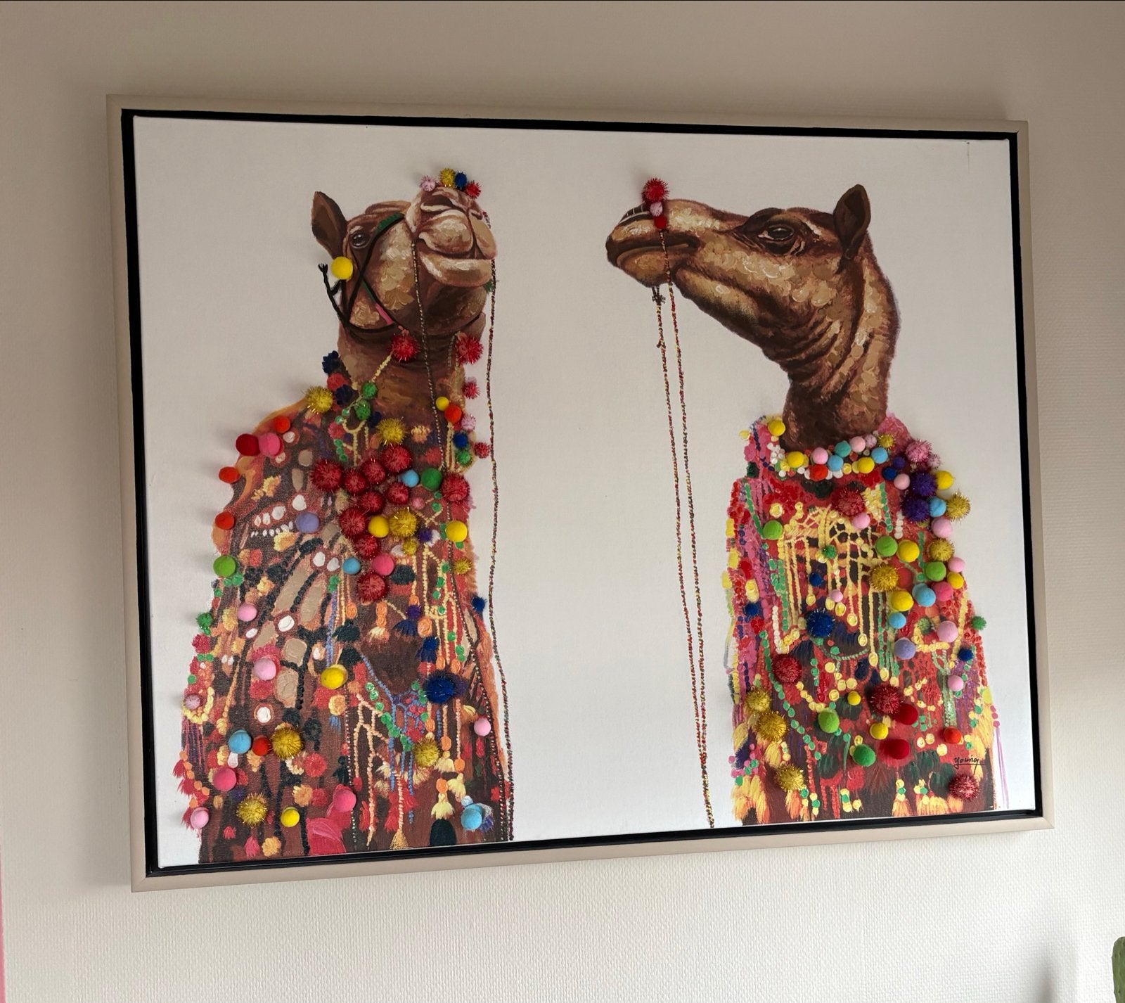 Schilderij Dubai Kamelen met 3D-details en lijst 105x85 cm, Ophalen, 3D-effect, Dieren, Gemengde techniek